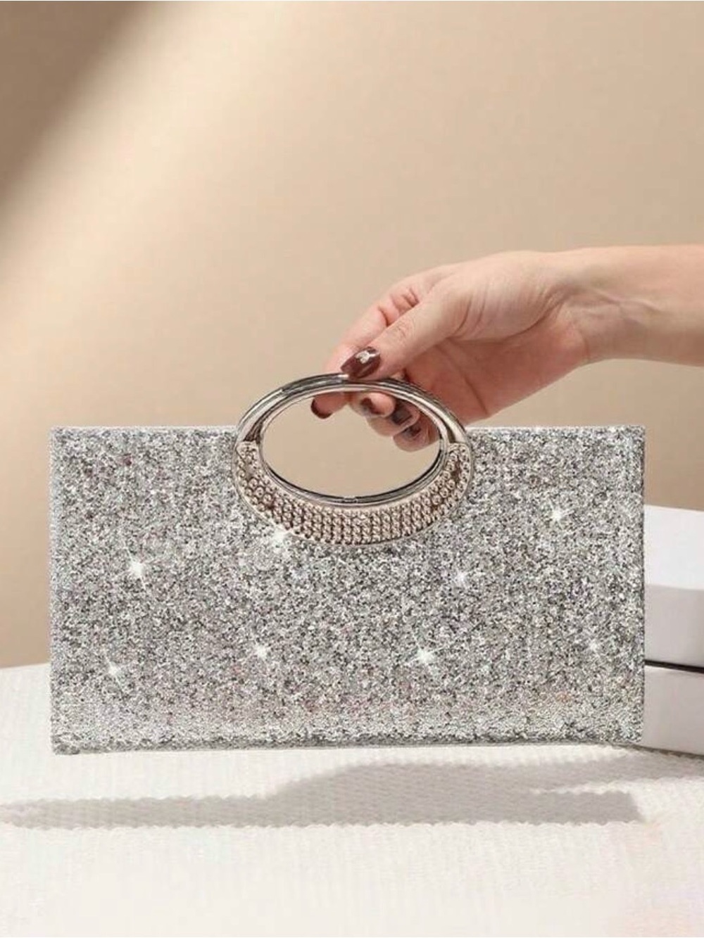 Silver Glitter Evening Clutch with Decorative Handle